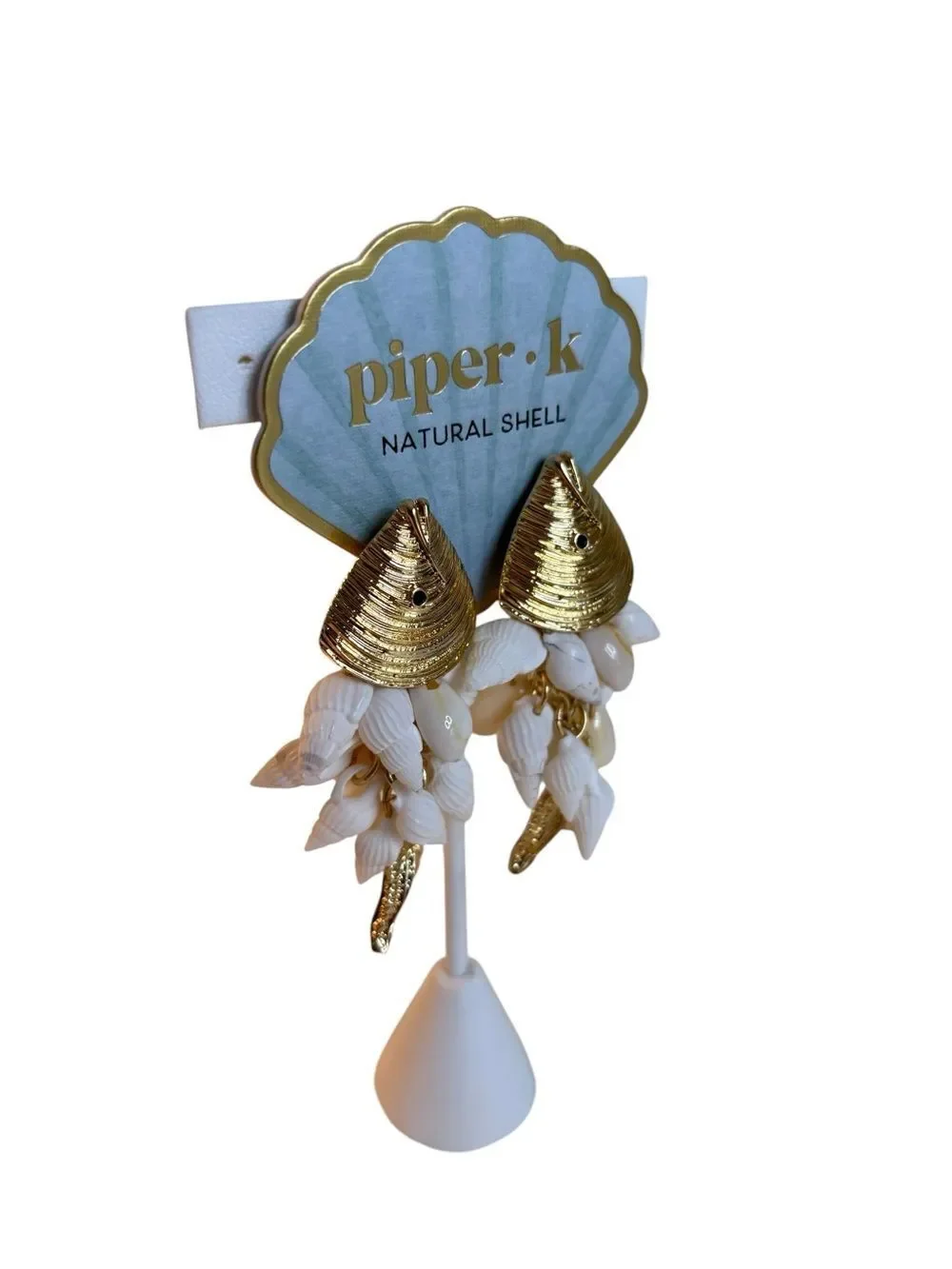Piper k Gold Tone Fish Head Dangle Natural Shell Drop Earrings.